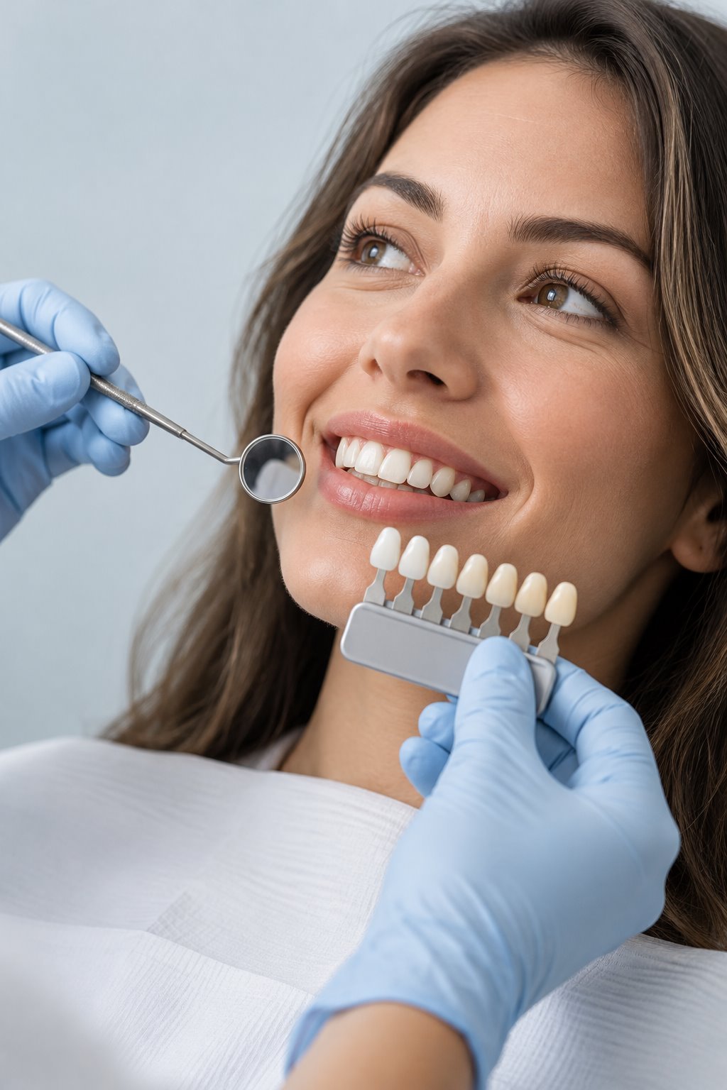 Dentista valorando el color de los dientes